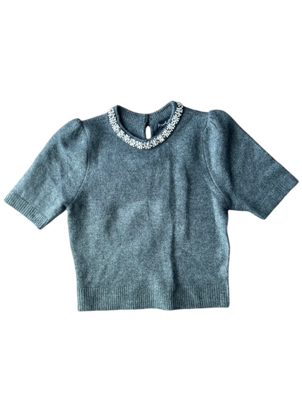 Marled Gray Jeweled Crewneck Short Sleeve Sweater Top Size L